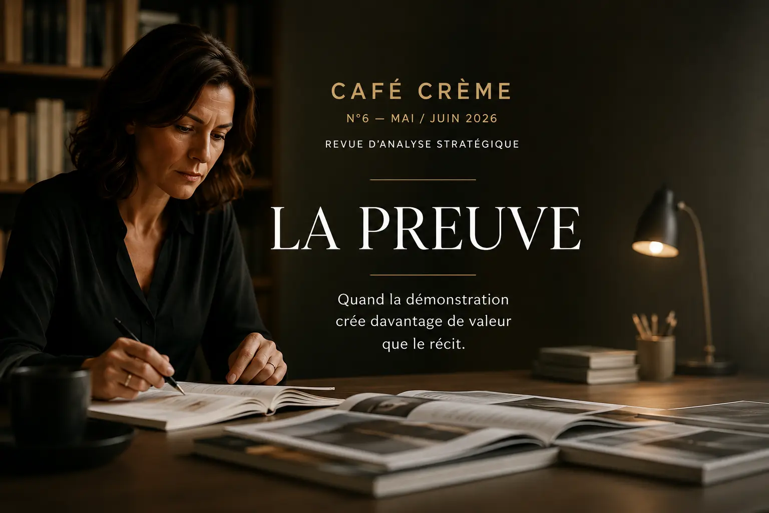 Couverture de Café Crème Magazine Numéro 6 intitulé La Preuve, avec une femme travaillant dans une bibliothèque en arrière-plan.